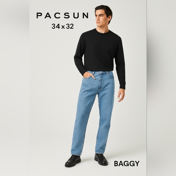 Pacsun Men’s Baggy Fit Jeans Light Wash Straight Leg 100% Cotton Size 34x32 - Picture 1 of 15
